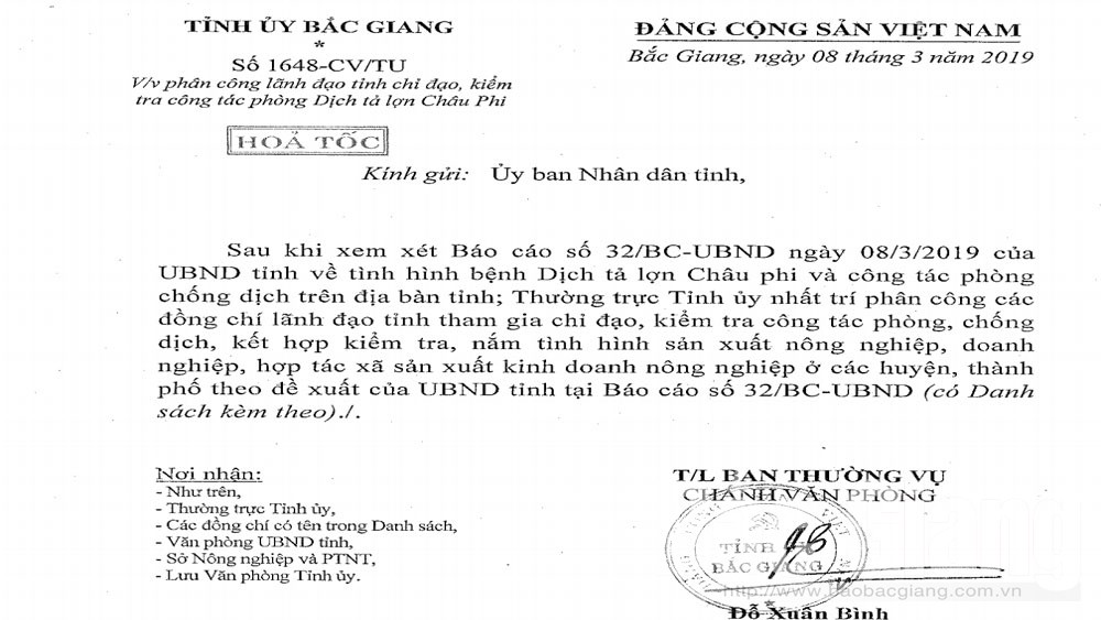 Thường trực Tỉnh ủy Bắc Giang thành lập 10 đoàn kiểm tra công tác ứng phó với bệnh dịch tả lợn châu Phi