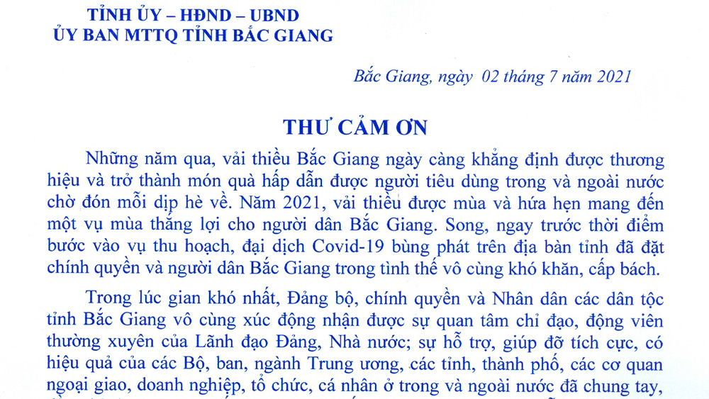 Thư cảm ơn của đồng chí Lê Ánh Dương, Chủ tịch UBND tỉnh Bắc Giang