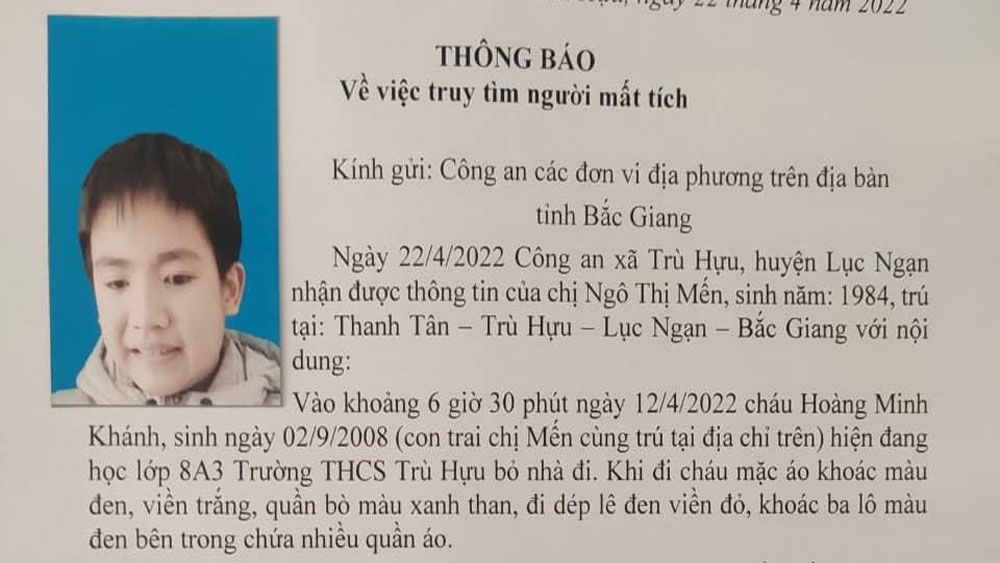 Học sinh lớp 8 ở Bắc Giang mất tích gần một tháng chưa có thông tin