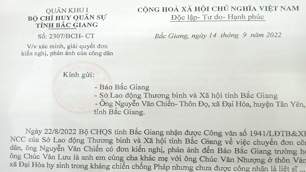 Bắc Giang: Không có căn cứ đề nghị xác nhận liệt sĩ đối với ông Chúc Văn Lưu