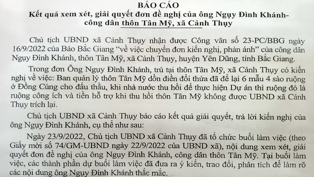 Hồi âm: UBND xã Cảnh Thuỵ quản lý tiền bồi thường đất công ích là đúng quy định