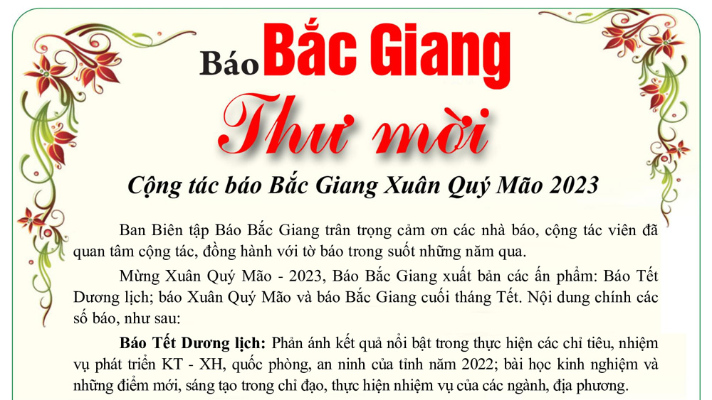 Thư mời cộng tác báo Bắc Giang Xuân Quý Mão- 2023