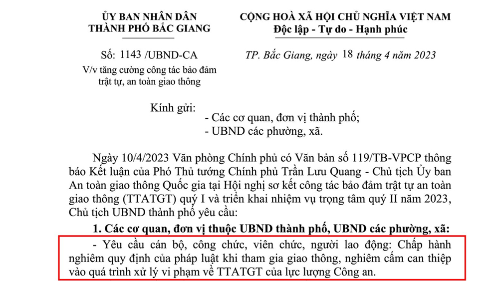 Chủ tịch UBND thành phố Bắc Giang nghiêm cấm can thiệp xử lý vi phạm giao thông