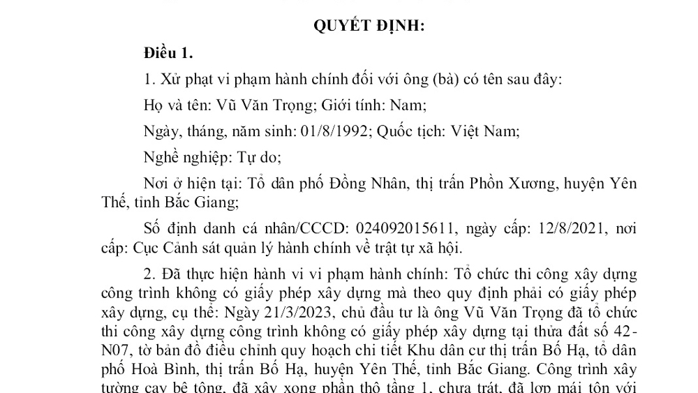 Yên Thế: Xây dựng công trình không phép, một người dân bị phạt 35 triệu đồng