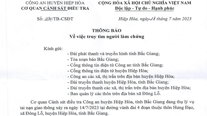 Tìm người làm chứng trong vụ tai nạn giao thông ở Hiệp Hòa