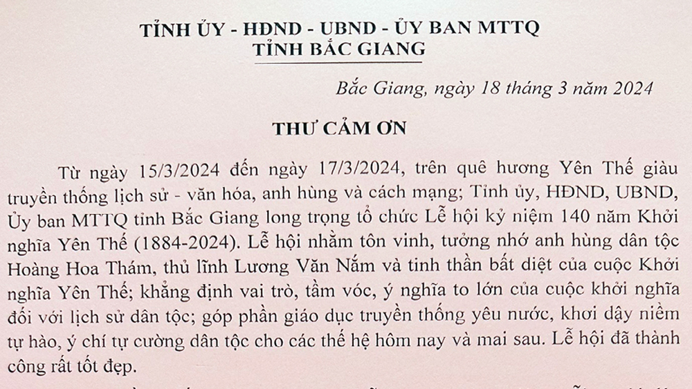 Thư cảm ơn của đồng chí Lê Ánh Dương, Phó Bí thư Tỉnh ủy, Chủ tịch UBND tỉnh Bắc Giang