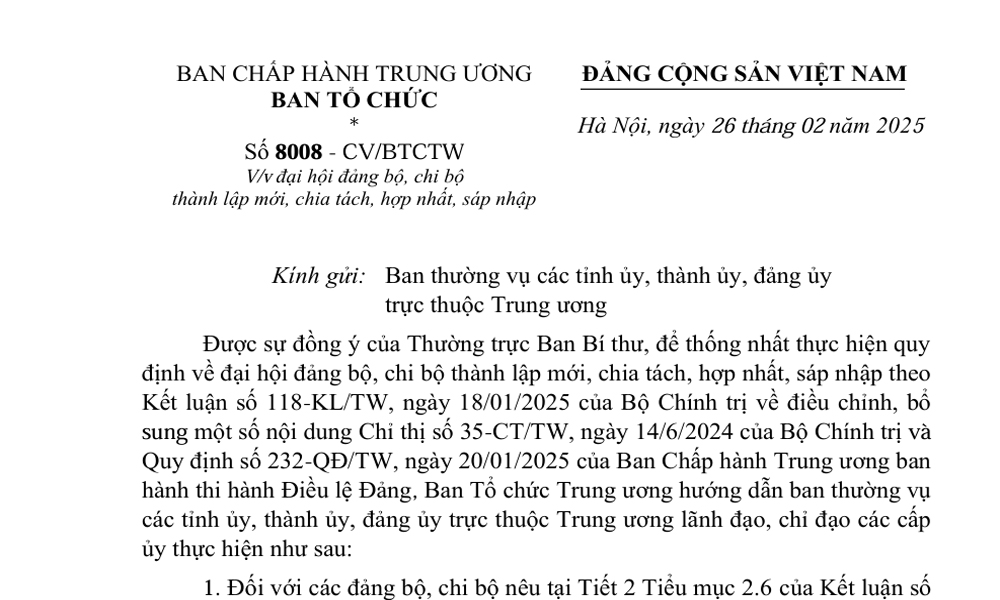  Ban Tổ chức Trung ương hướng dẫn đại hội đảng bộ, chi bộ thành lập mới, chia tách, hợp nhất, sáp nhập