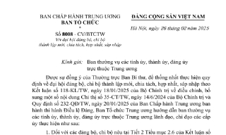 Ban Tổ chức Trung ương hướng dẫn đại hội đảng bộ, chi bộ thành lập mới, chia tách, hợp nhất, sáp nhập