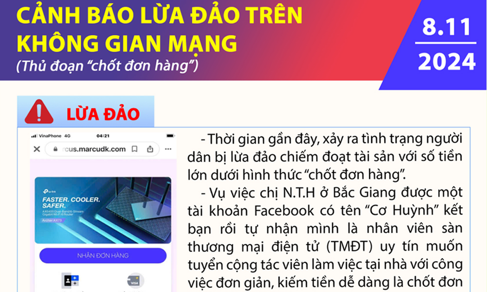  Cảnh báo lừa đảo trên không gian mạng dưới hình thức "chốt đơn hàng"