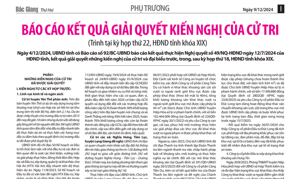  Báo cáo kết quả giải quyết kiến nghị của cử tri trình tại kỳ họp thứ 22, HĐND tỉnh khóa XIX