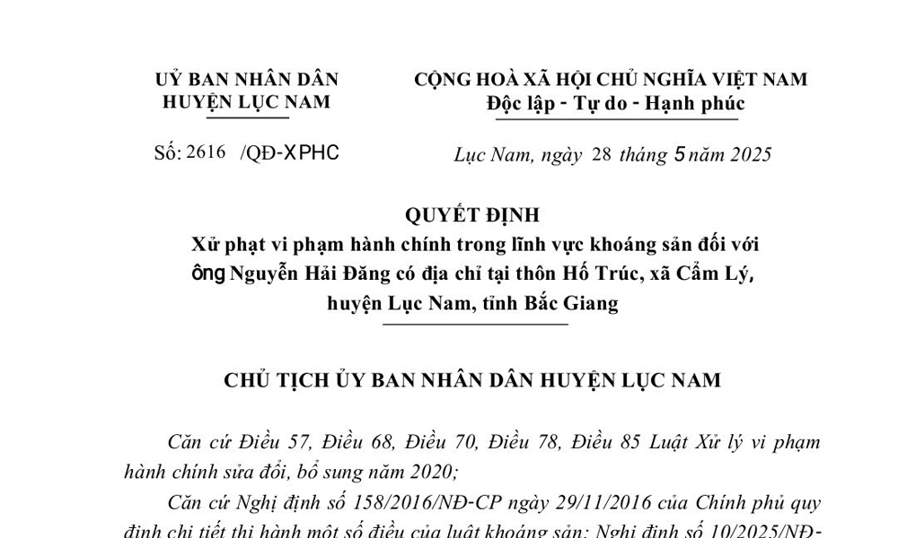  Một cá nhân khai thác đất san lấp mặt bằng trái phép tại huyện Lục Nam bị xử phạt hơn 122 triệu đồng