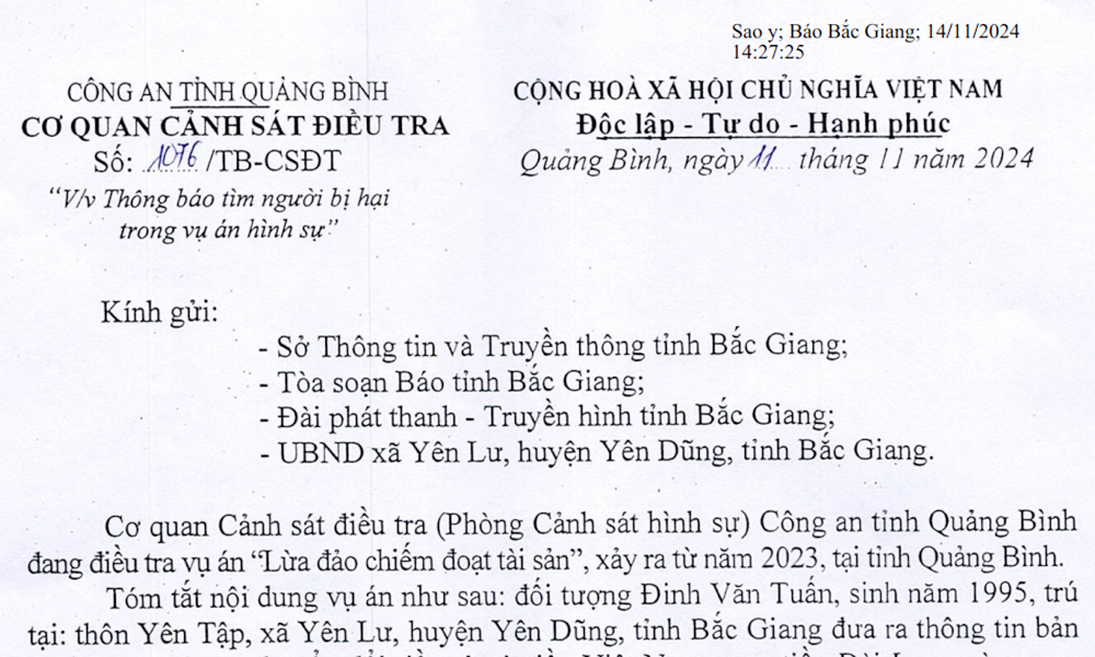  Thông báo tìm người bị hại trong vụ án hình sự