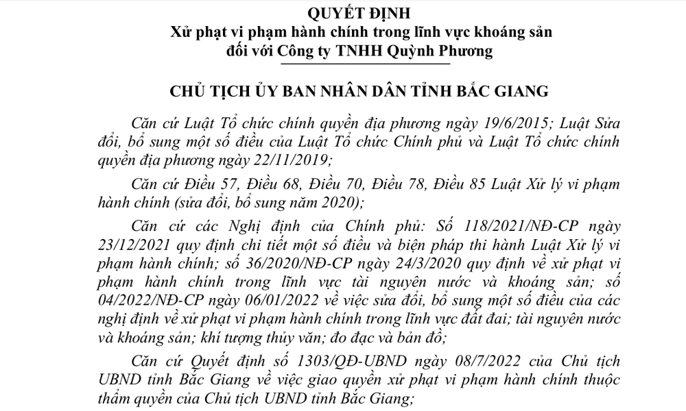 Xử phạt Công ty TNHH Quỳnh Phương 1,2 tỷ đồng do vi phạm về khoáng sản