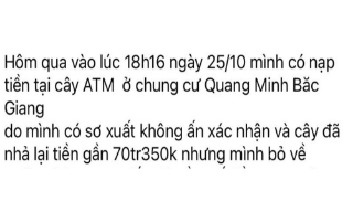 TP Bắc Giang: Chủ nhân bỏ quên tiền ở cây ATM đã nhận lại tiền